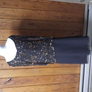 Chocolate brown gown with bronze bugle beads, Jkara, size 8